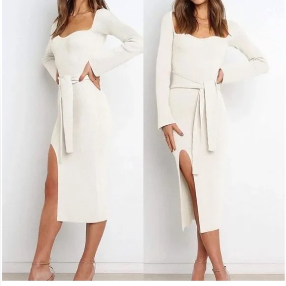 Forever 21 Tie-Waist Sweater Dress Ribbed Slit BodyCon Long Sleeved Cream M - Picture 2 of 10